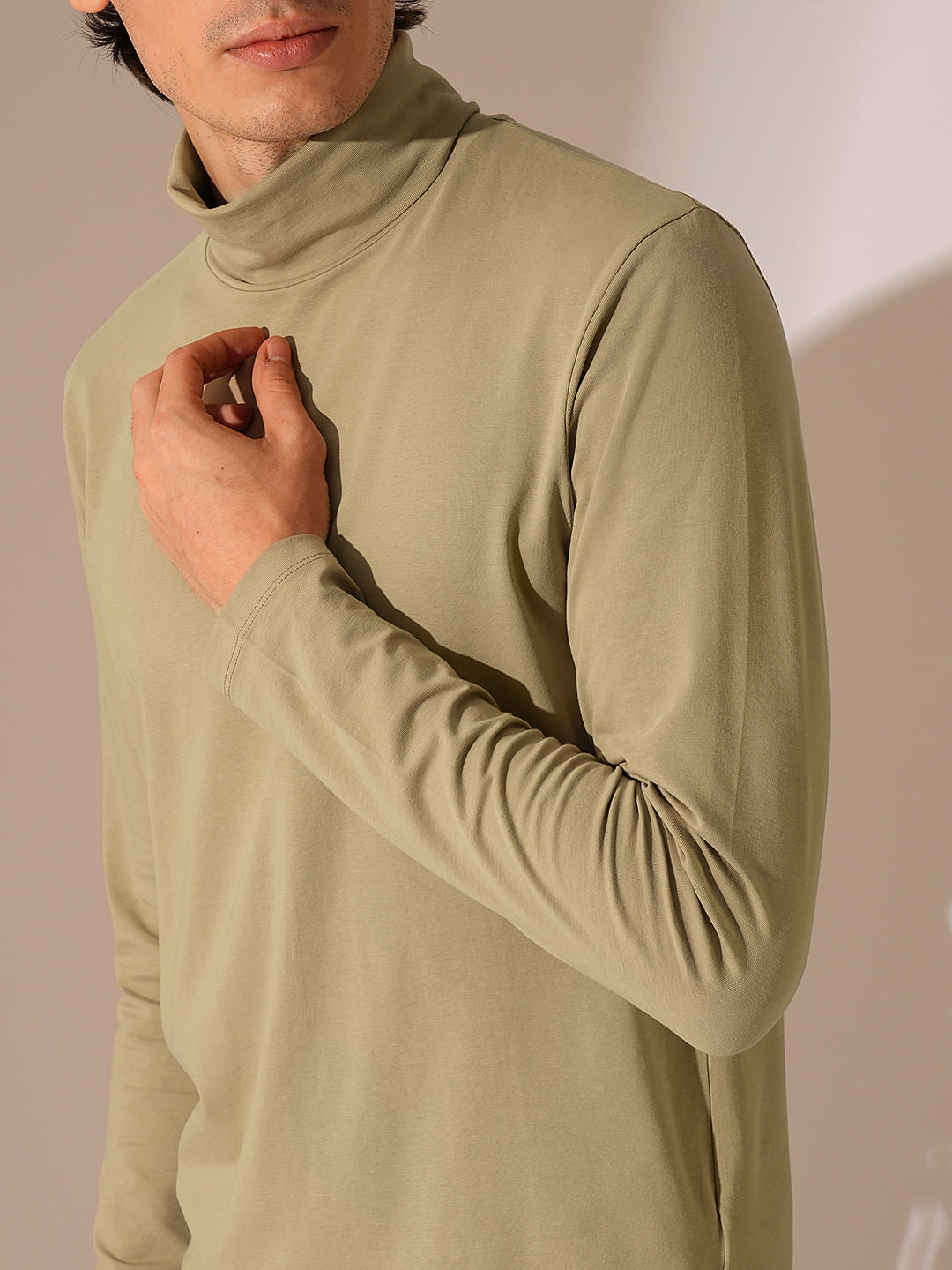 Beige Organic Cotton Roll Neck T-Shirt