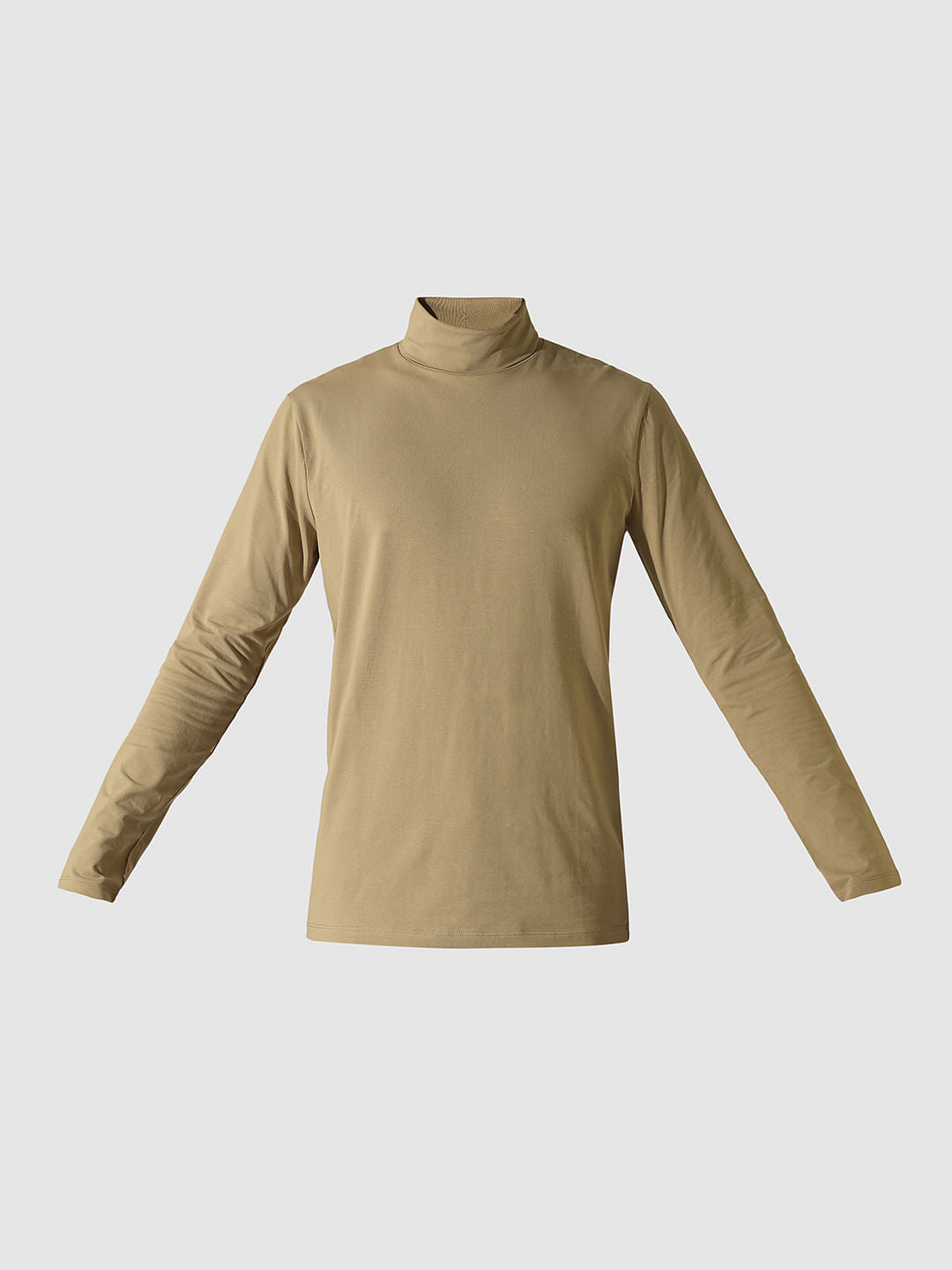 Beige Organic Cotton Roll Neck T-Shirt