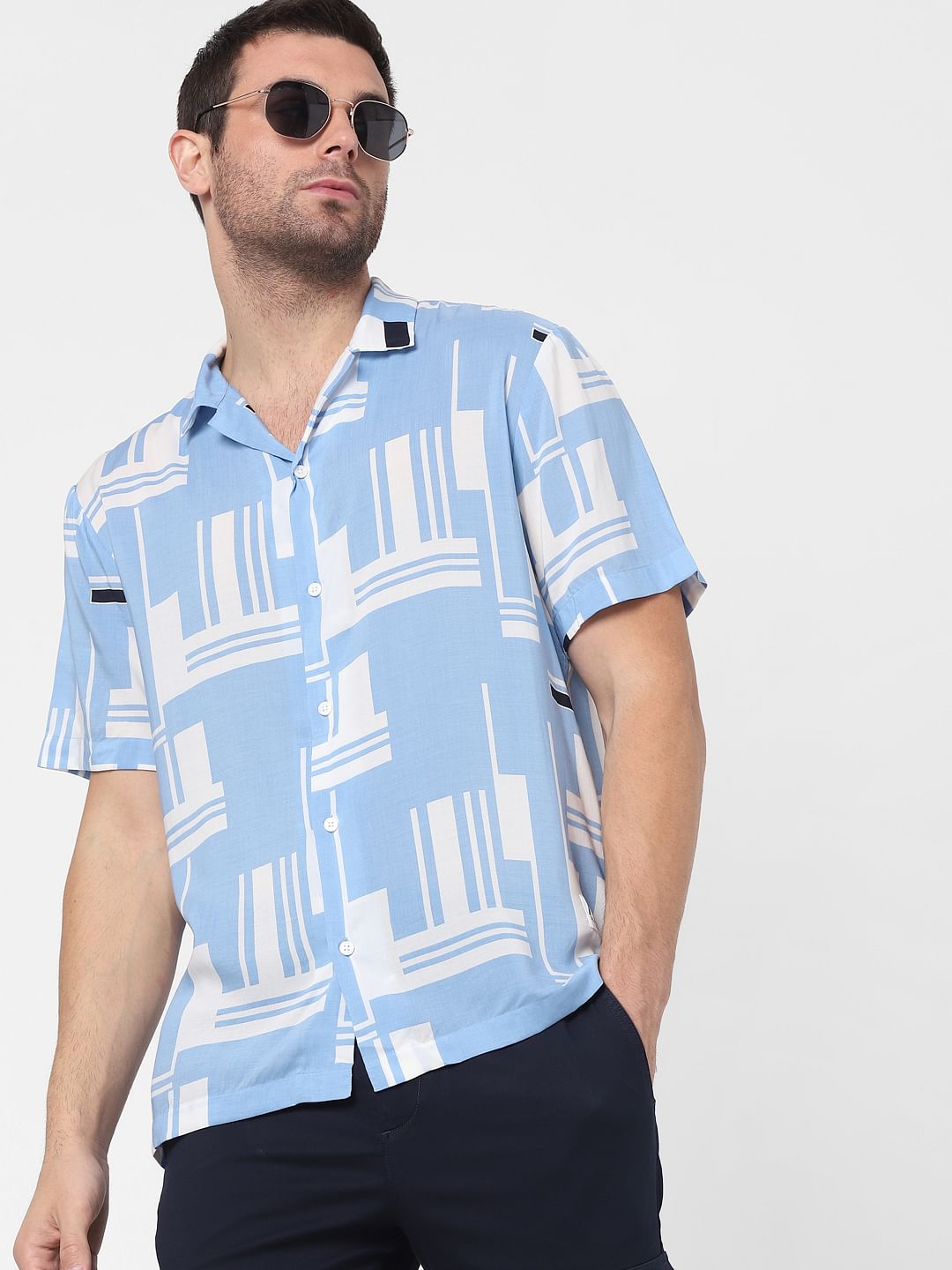 Blue Printed Cuban Collar Shirt