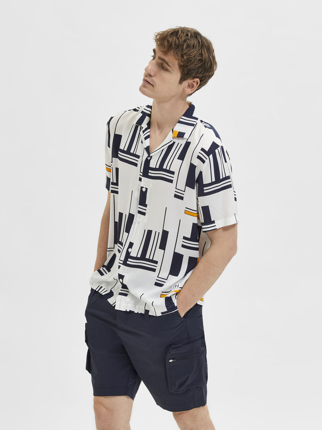 White Printed Cuban Collar Short Sleeves Shirt