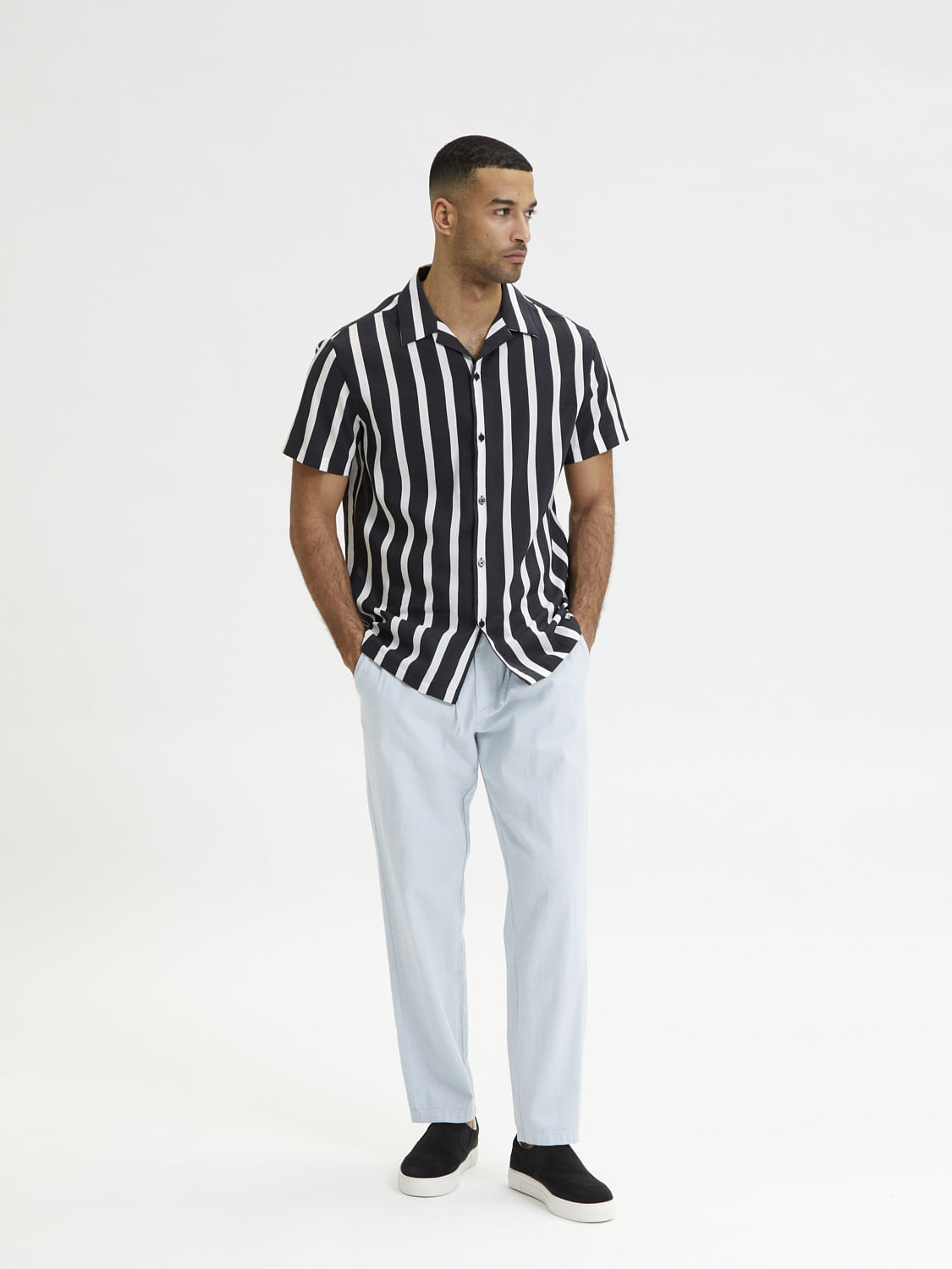 Black Striped Cuban Collar Short Sleeves Shirt