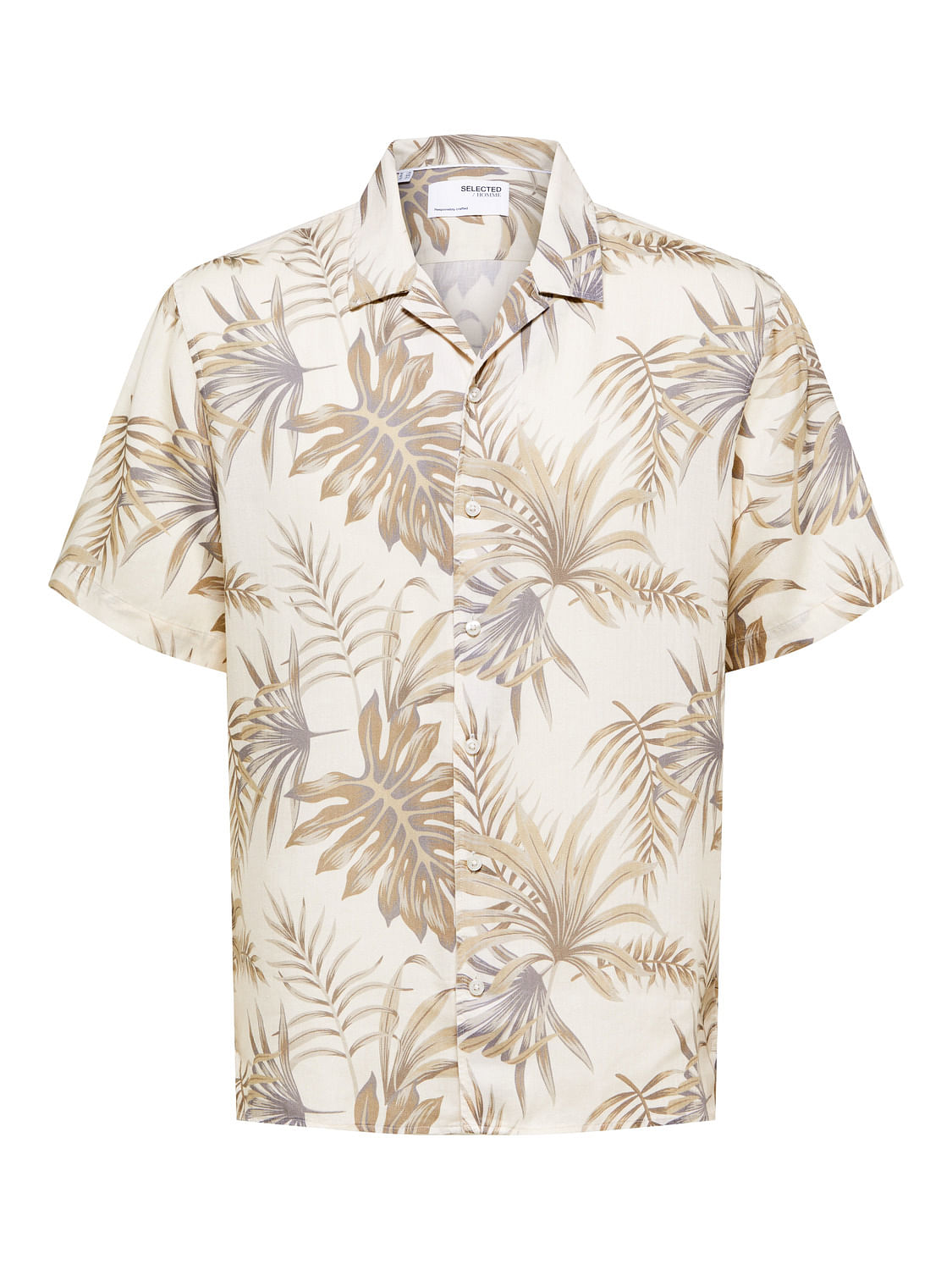 Cream Tropical Print Cuban Collar Shirt
