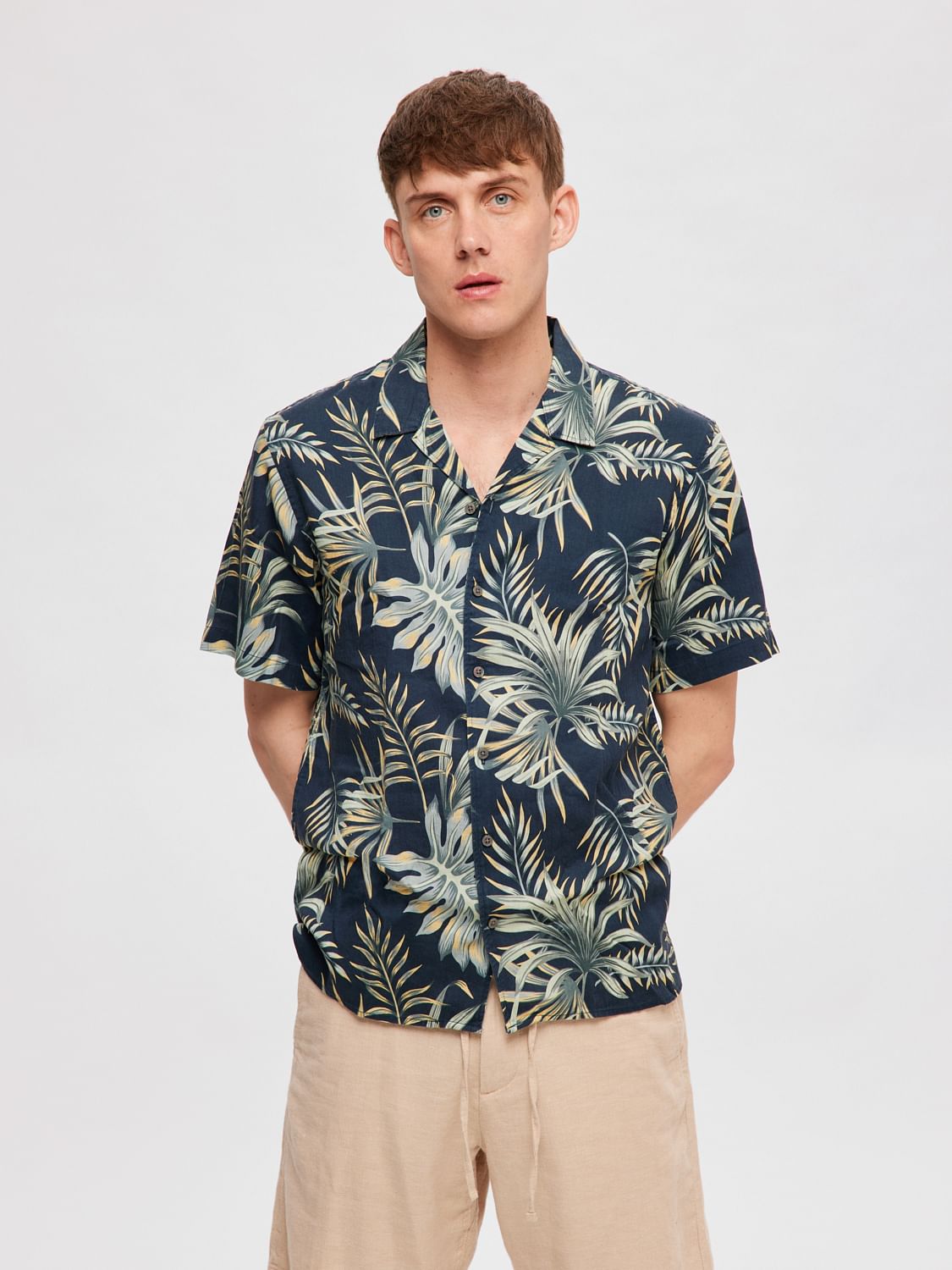 Blue Tropical Print Cuban Collar Shirt