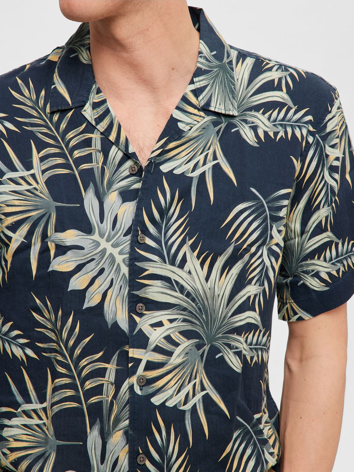 Blue Tropical Print Cuban Collar Shirt