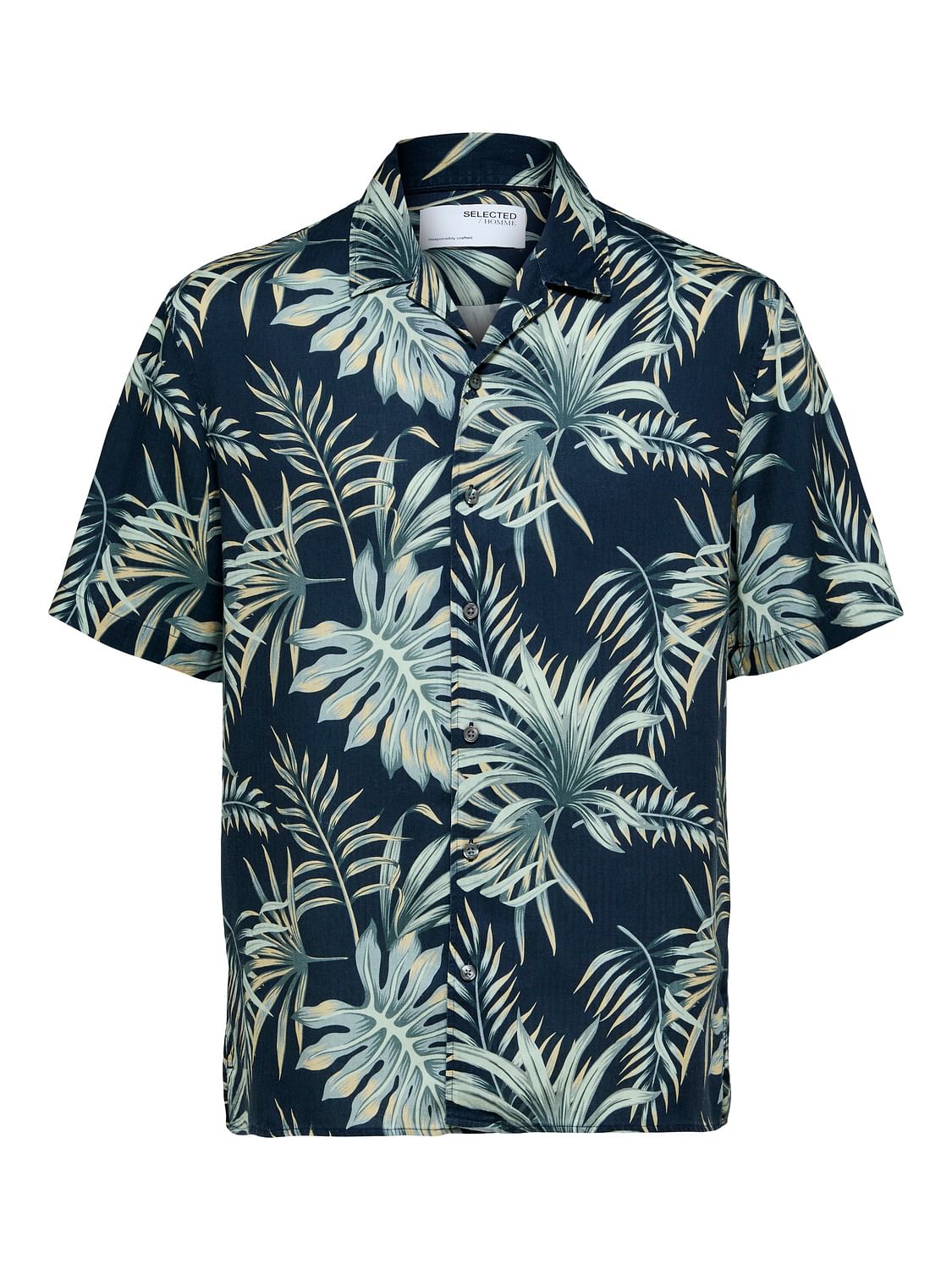 Blue Tropical Print Cuban Collar Shirt