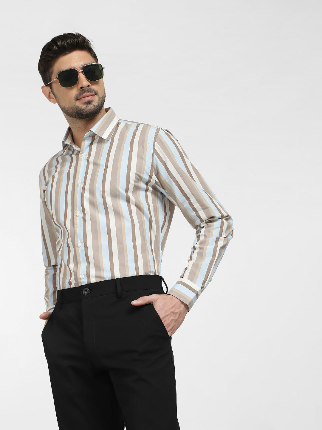 Light Brown Striped Full Sleeves Shirt
