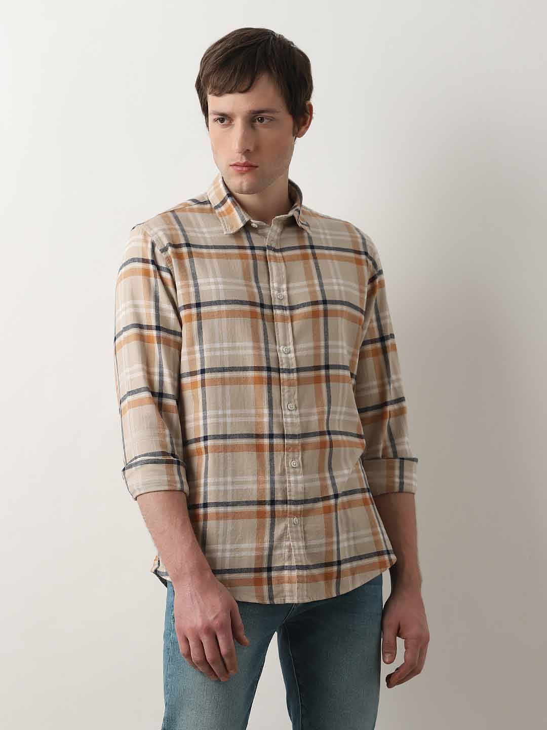 Beige Flannel Check Cotton Shirt