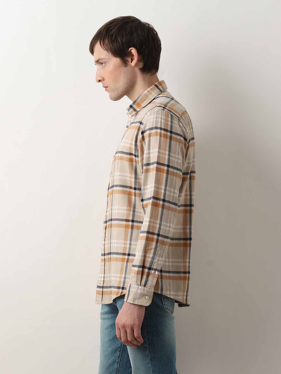 Beige Flannel Check Cotton Shirt