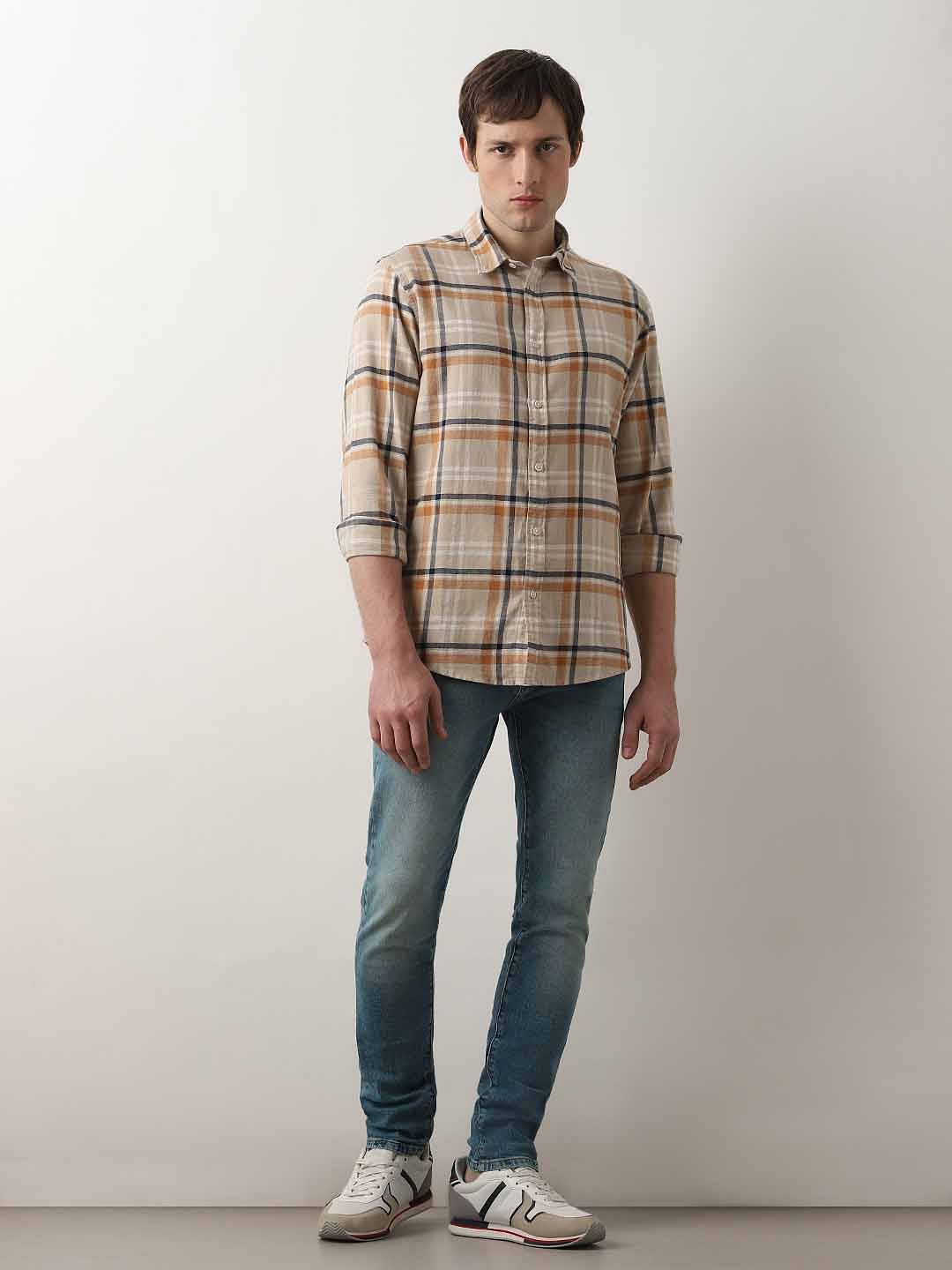 Beige Flannel Check Cotton Shirt