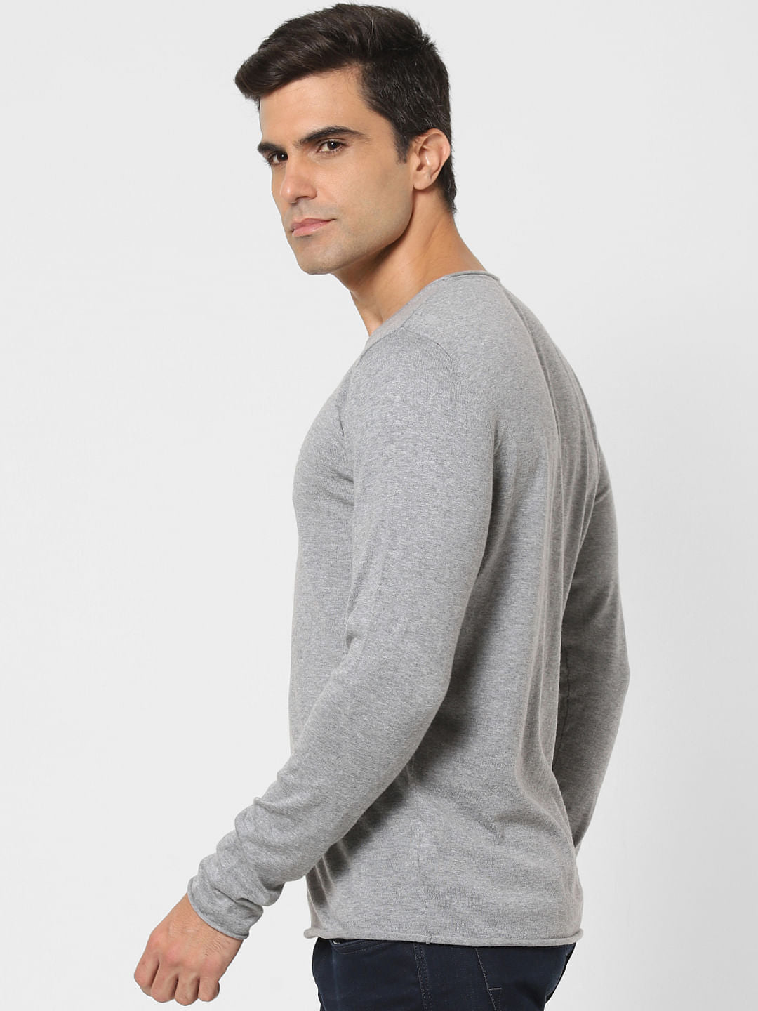 Grey Crew Neck Full Sleeves T-Shirt