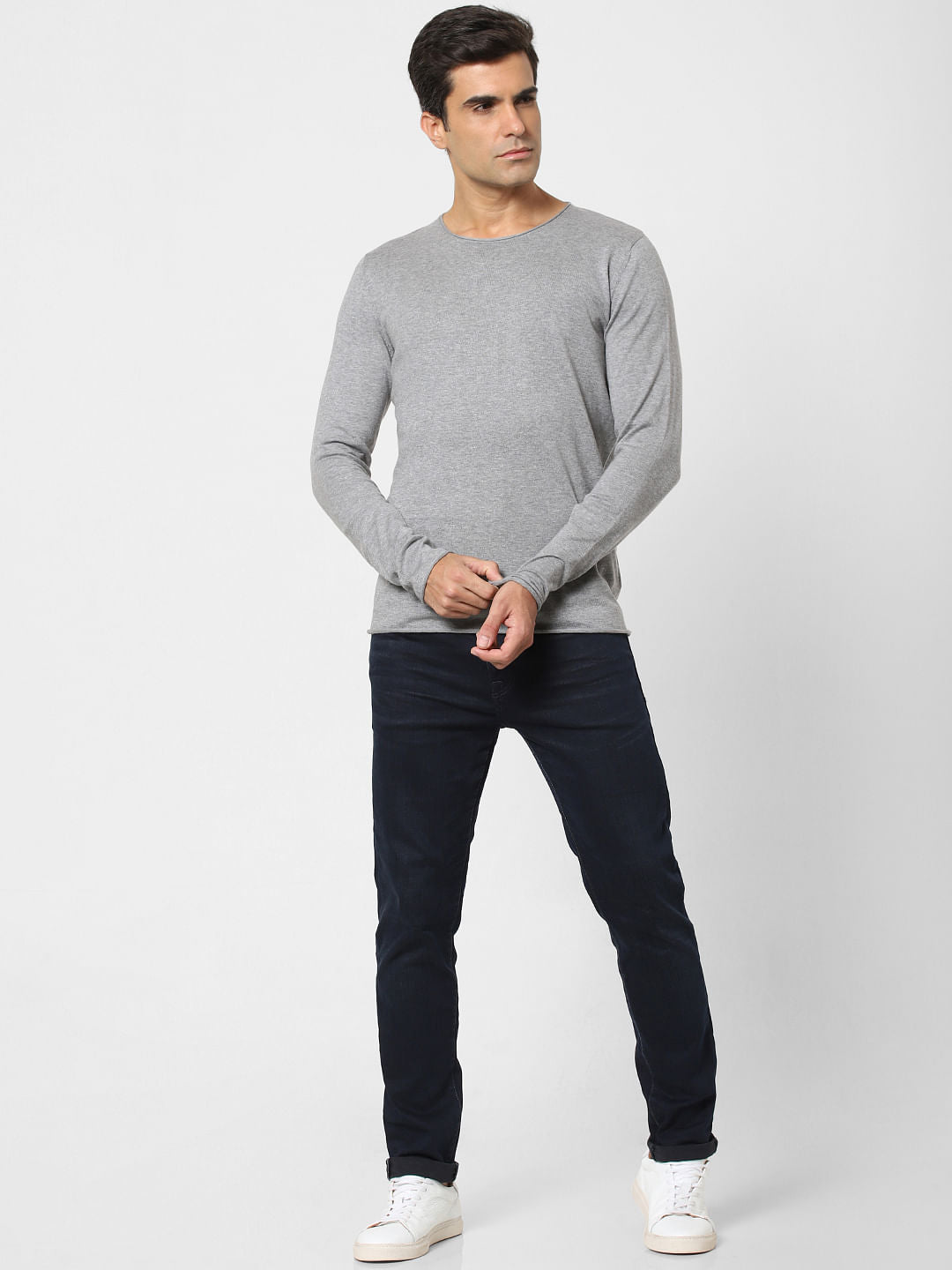 Grey Crew Neck Full Sleeves T-Shirt
