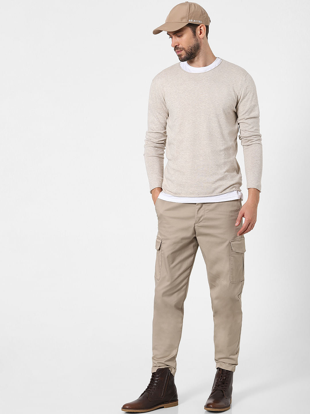 Beige Full Sleeves Crew Neck T-Shirt