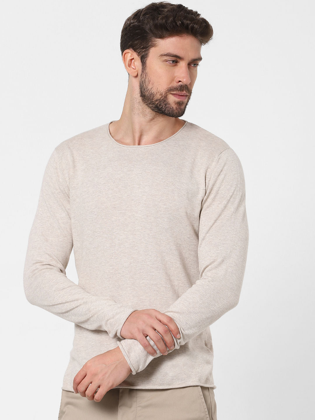 Beige Full Sleeves Crew Neck T-Shirt