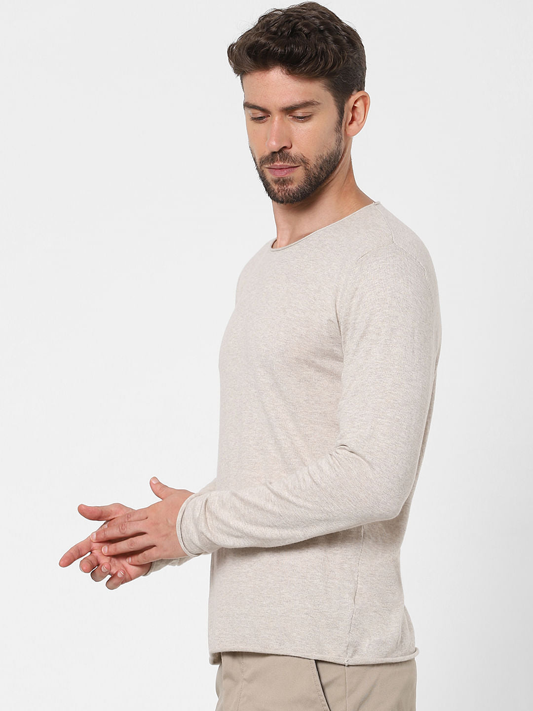 Beige Full Sleeves Crew Neck T-Shirt