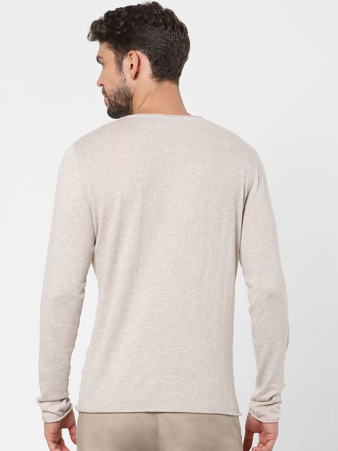 Beige Full Sleeves Crew Neck T-Shirt