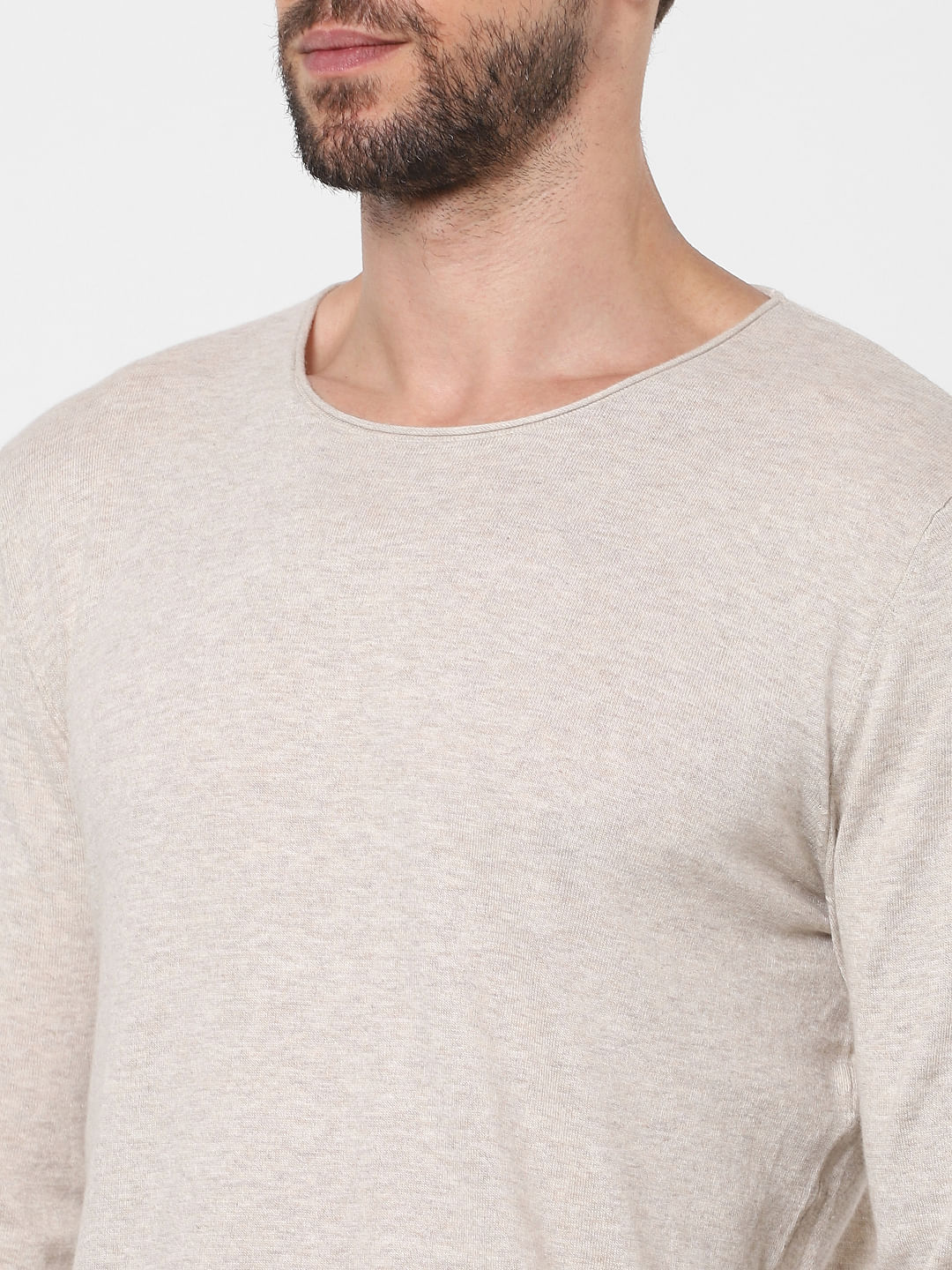 Beige Full Sleeves Crew Neck T-Shirt