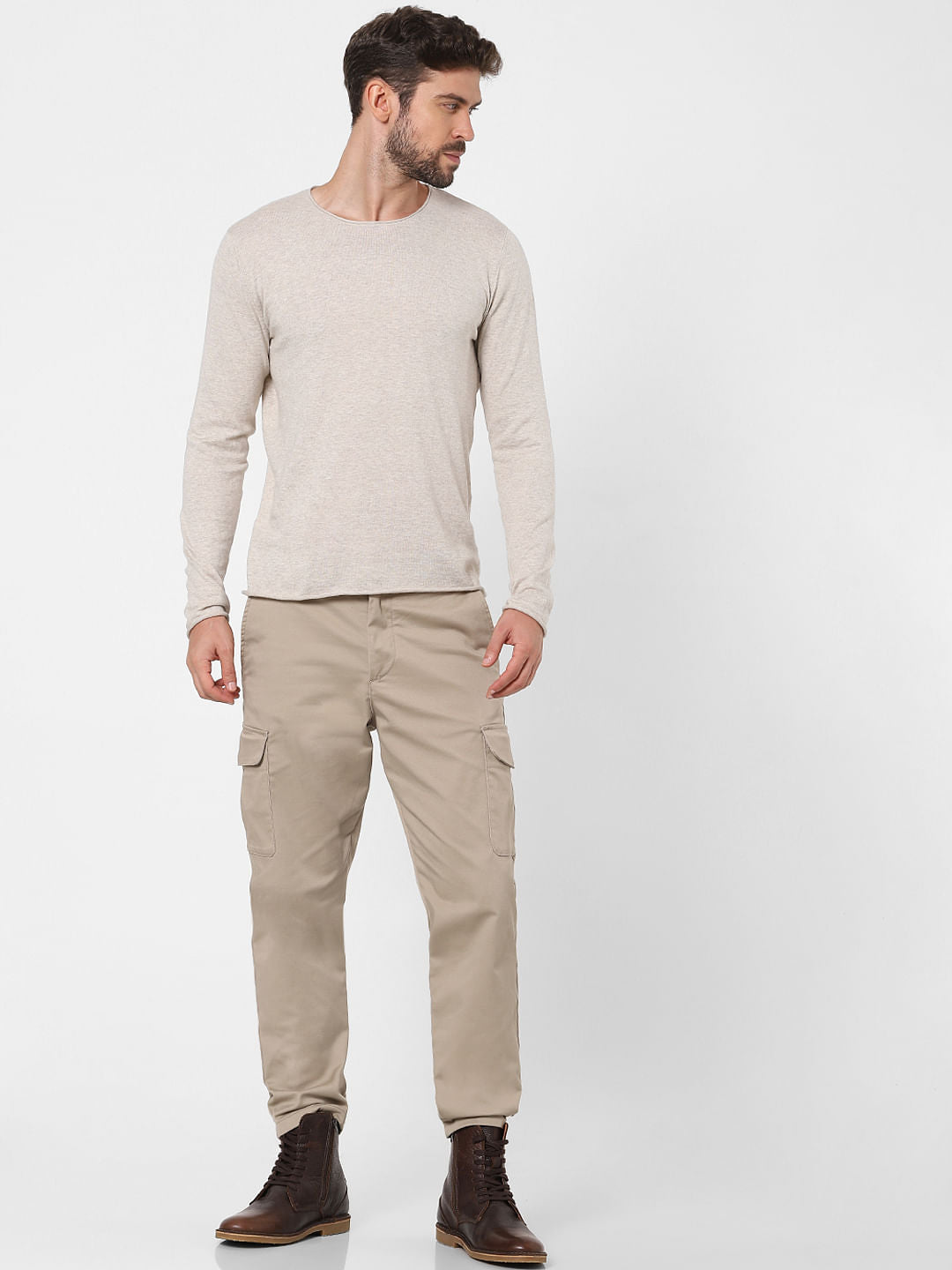 Beige Full Sleeves Crew Neck T-Shirt
