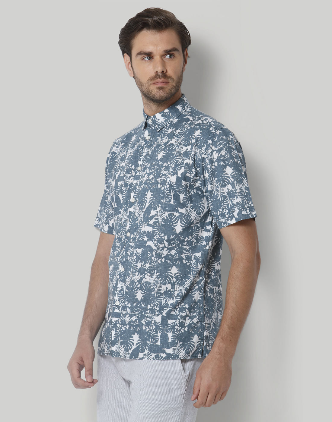 Teal Floral Print Short Sleeves Shirt