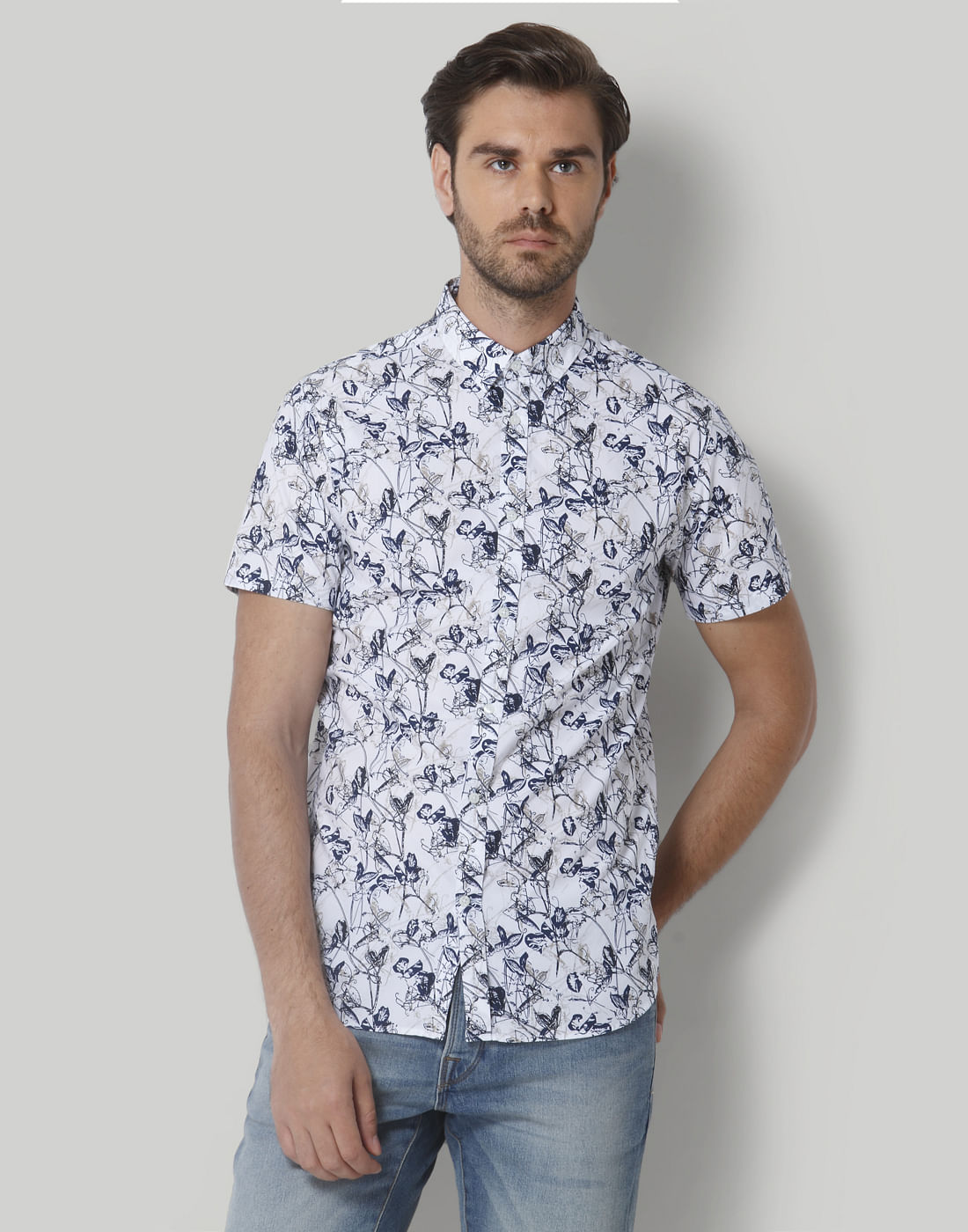 White Floral Print Short Sleeves Shirt