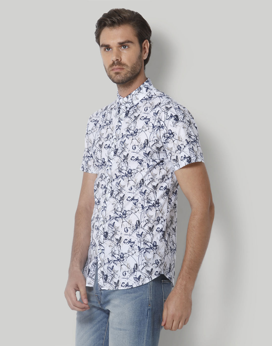 White Floral Print Short Sleeves Shirt