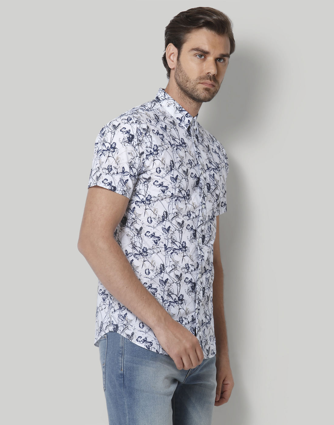 White Floral Print Short Sleeves Shirt