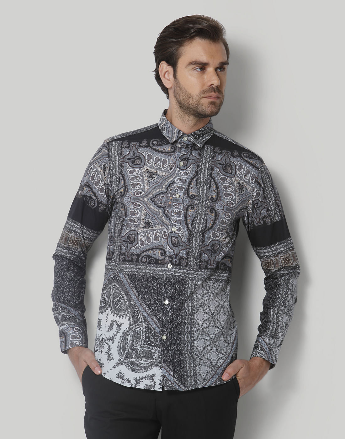 Grey Printed Full Sleeves Shirt
