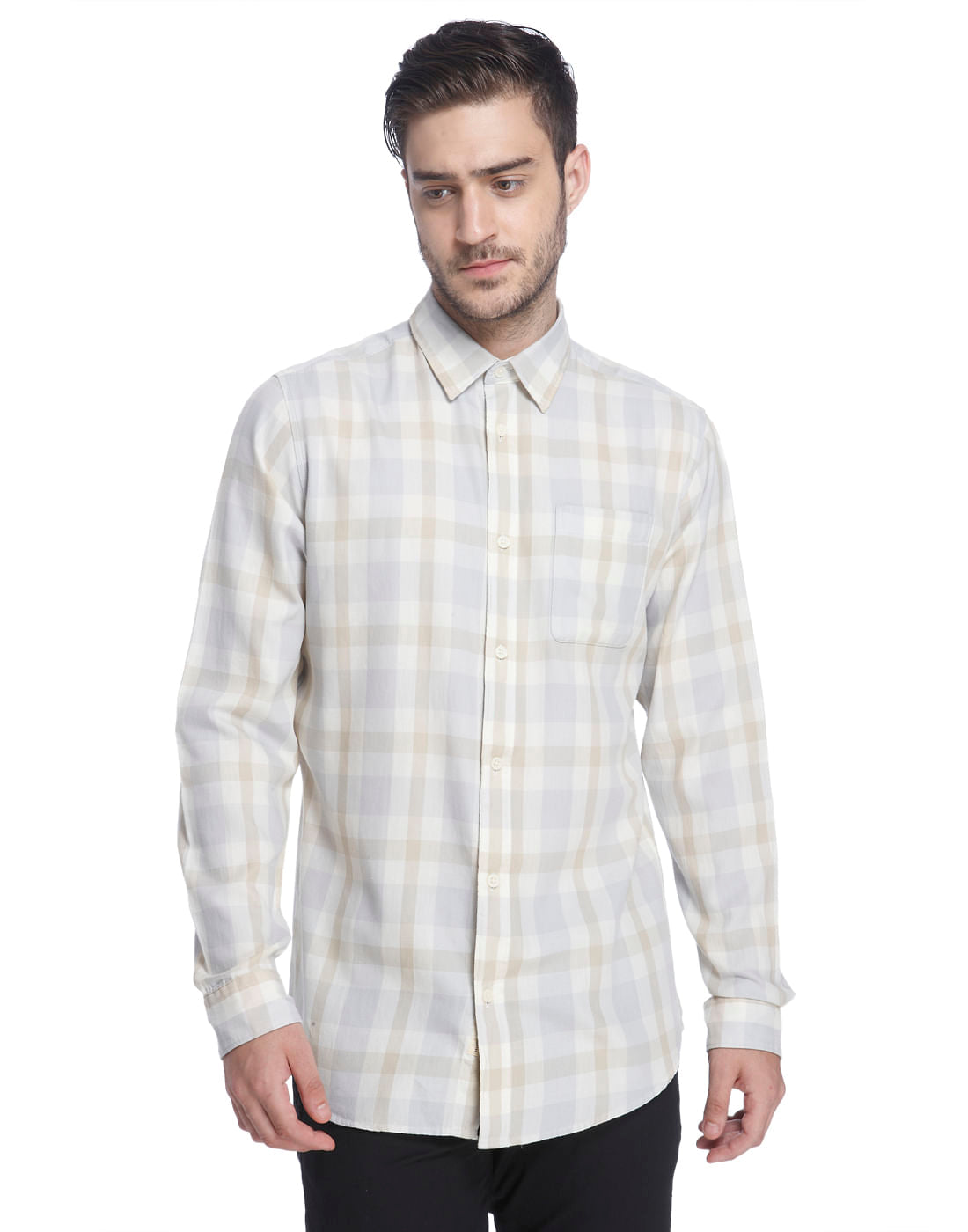 Cream Check Full Sleeves Shirt