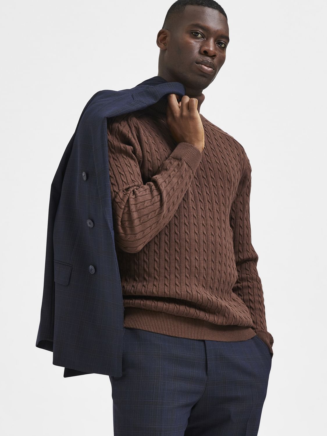 Brown Cable Knit Roll Neck Pullover