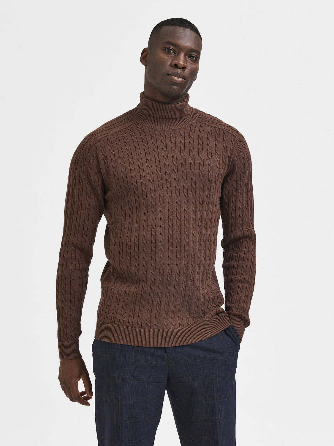 Brown Cable Knit Roll Neck Pullover