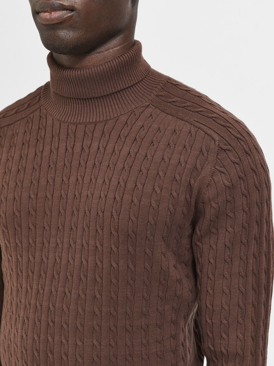 Brown Cable Knit Roll Neck Pullover