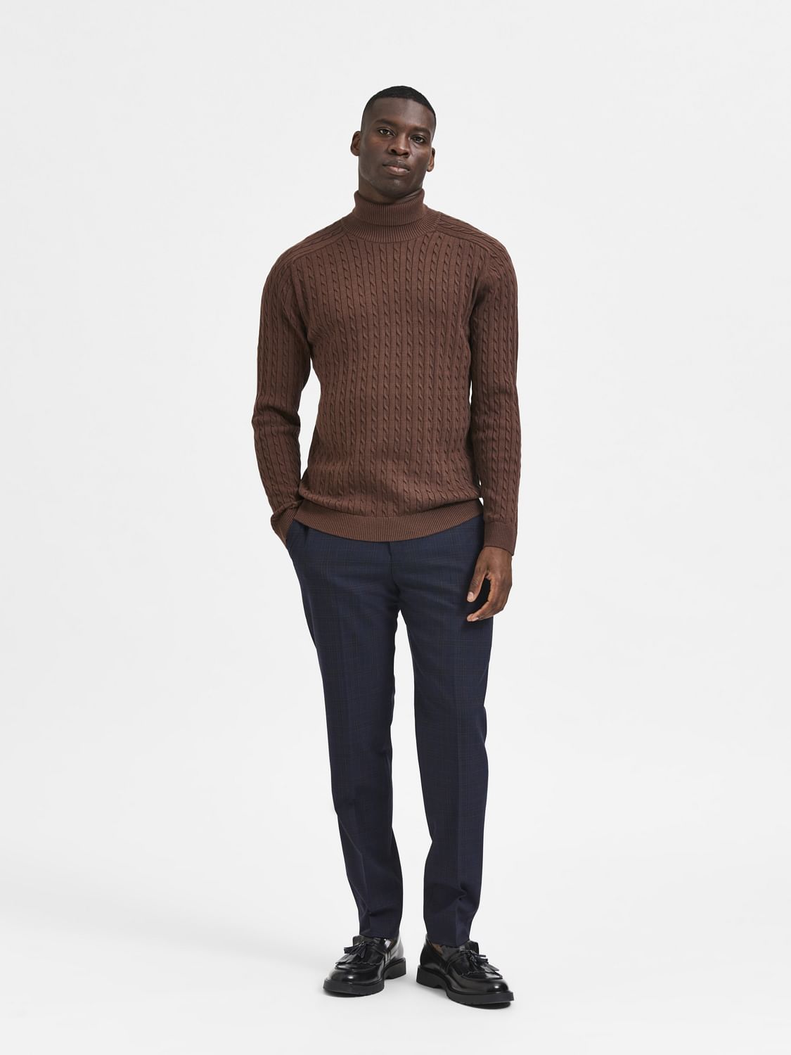 Brown Cable Knit Roll Neck Pullover