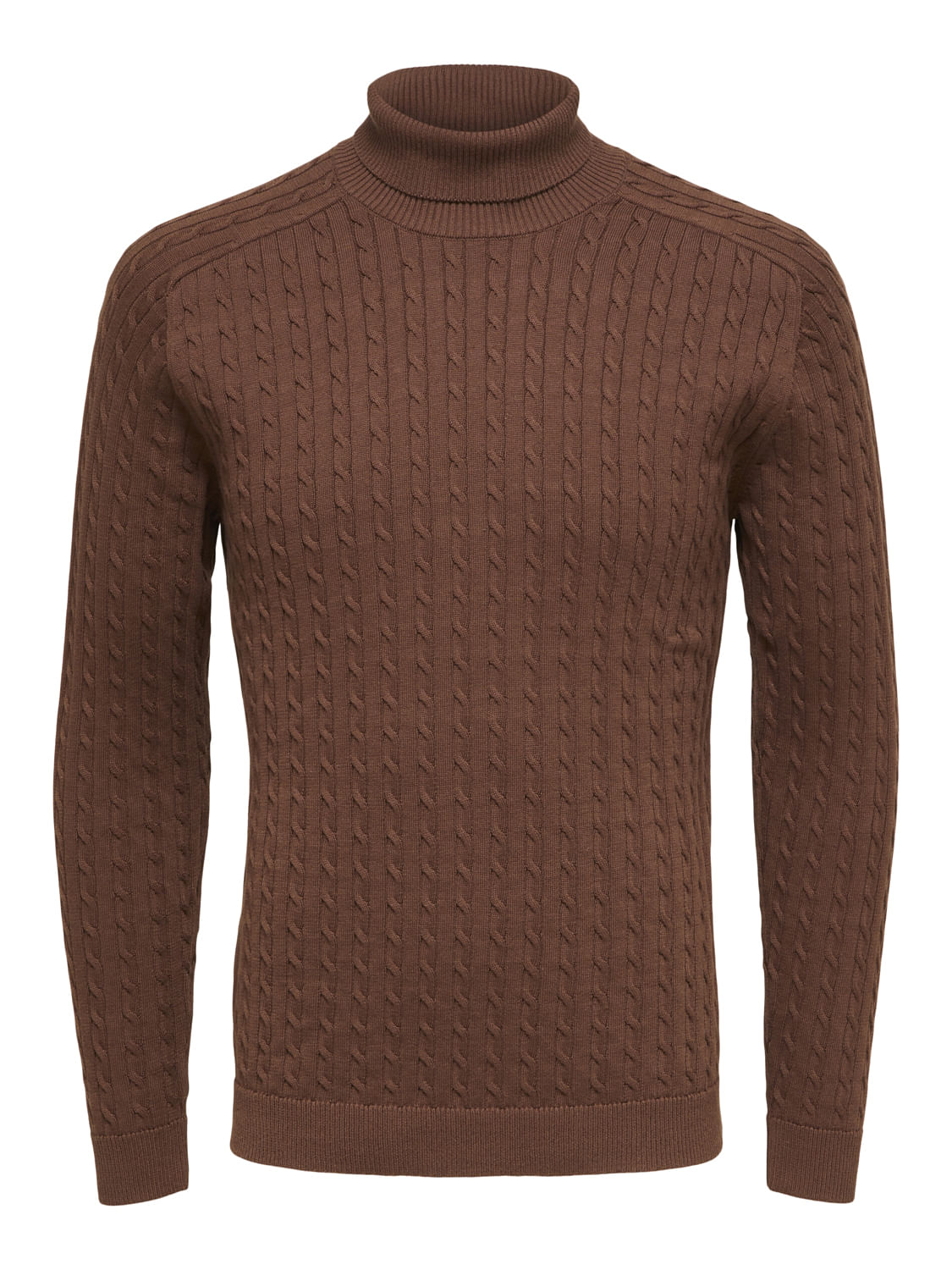Brown Cable Knit Roll Neck Pullover