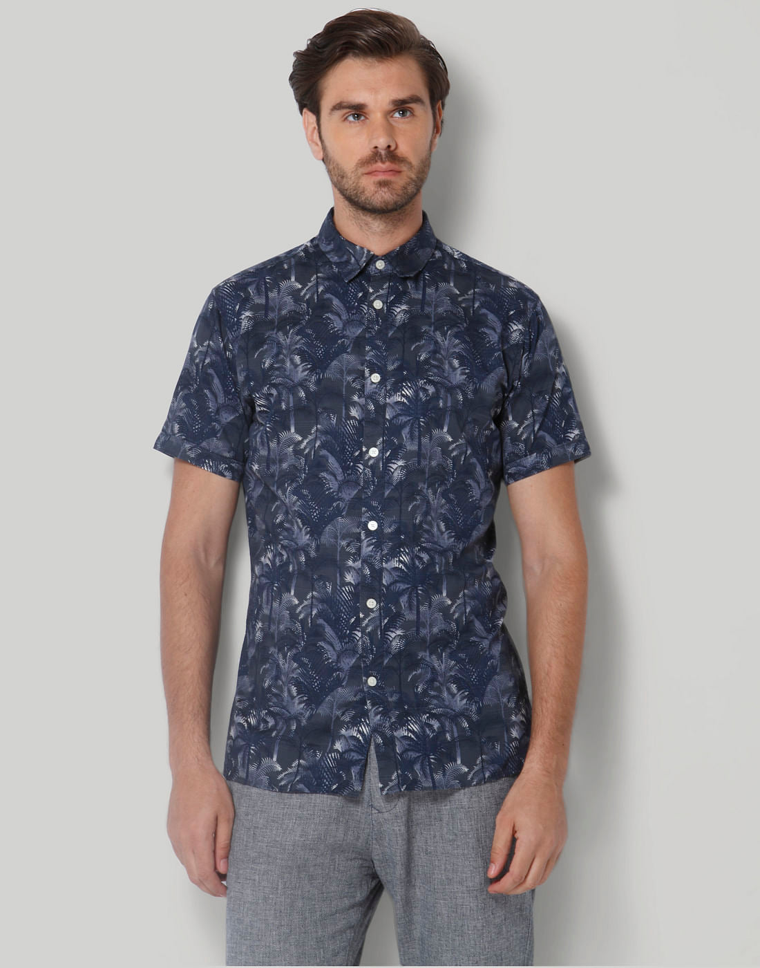 Blue Tropical Print Short Sleeves Shirt
