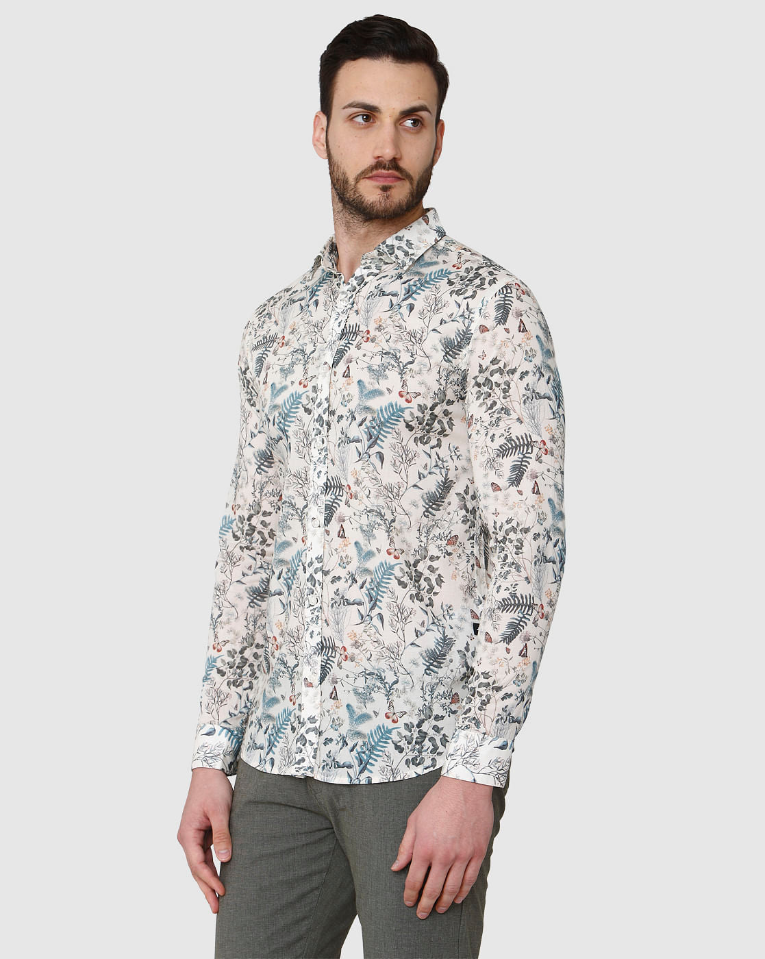 White Floral Print Full Sleeves Shirt