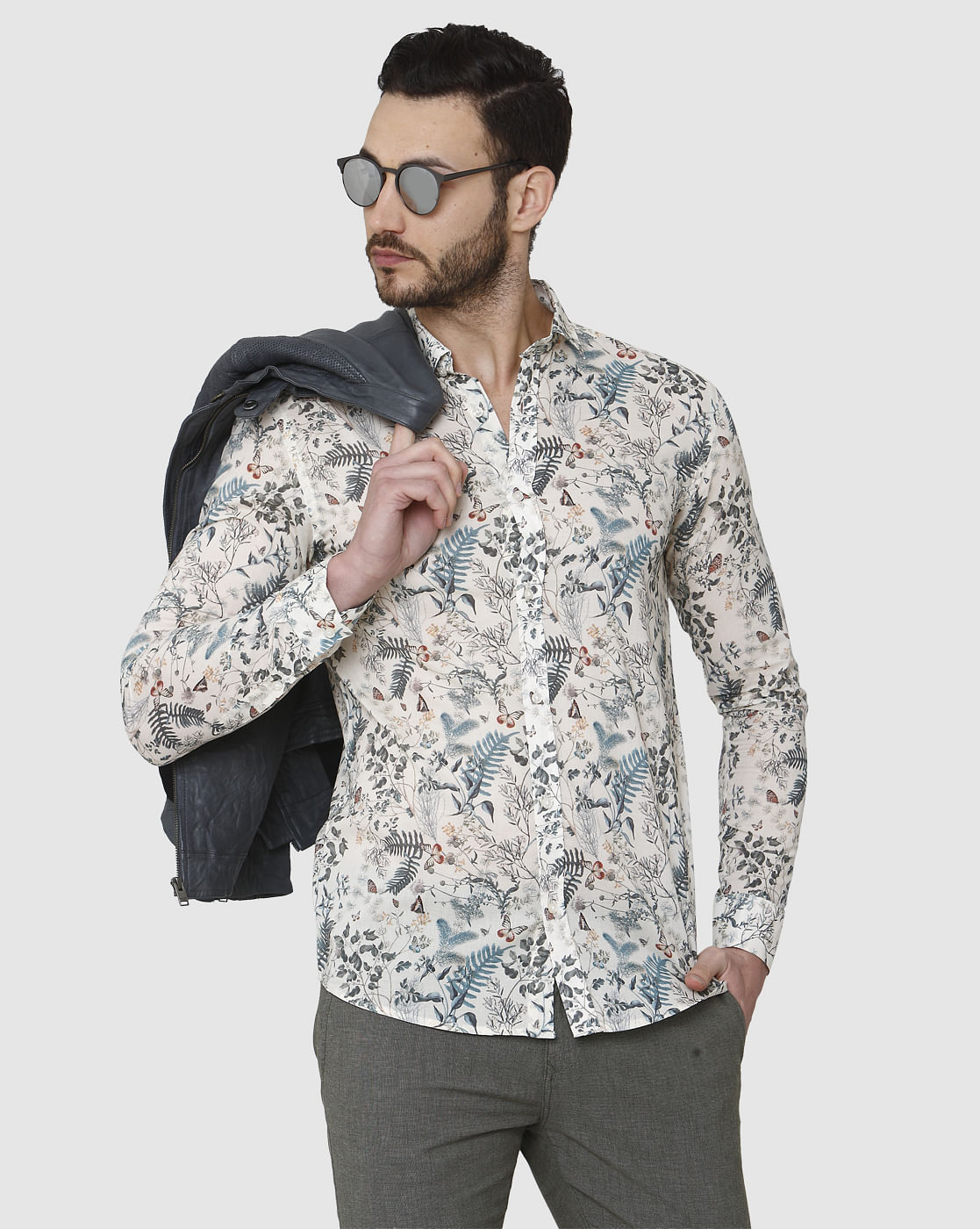 White Floral Print Full Sleeves Shirt