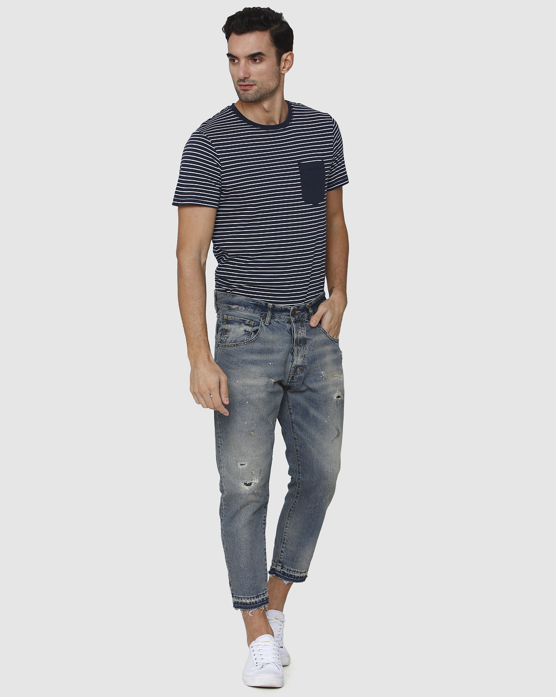 Blue Distressed Regular Fit Jeans