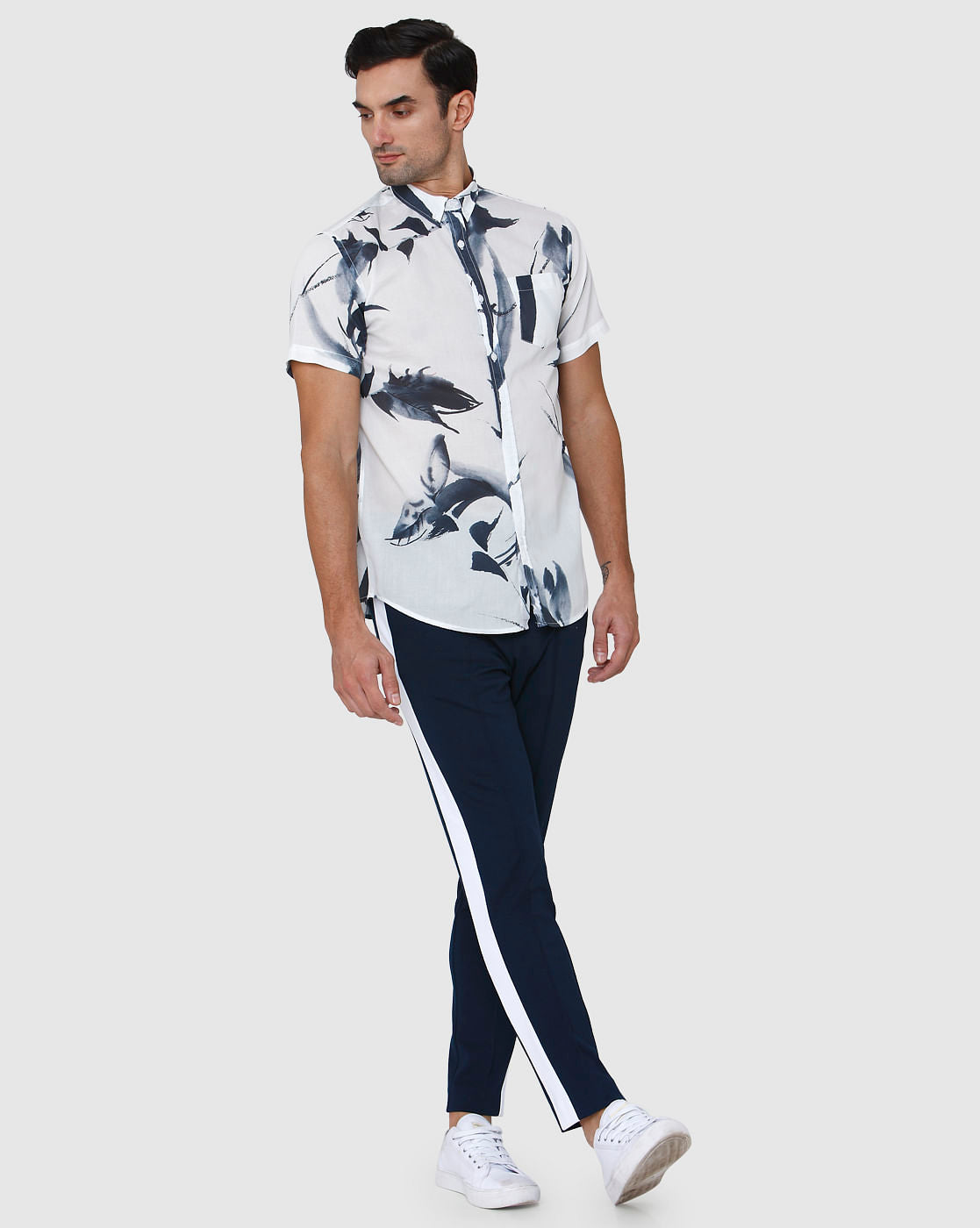 White Floral Print Short Sleeves Shirt
