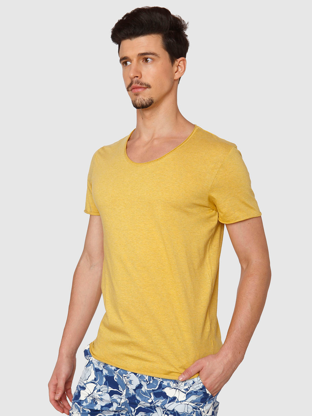 Yellow Raw Edge Crew Neck T-Shirt