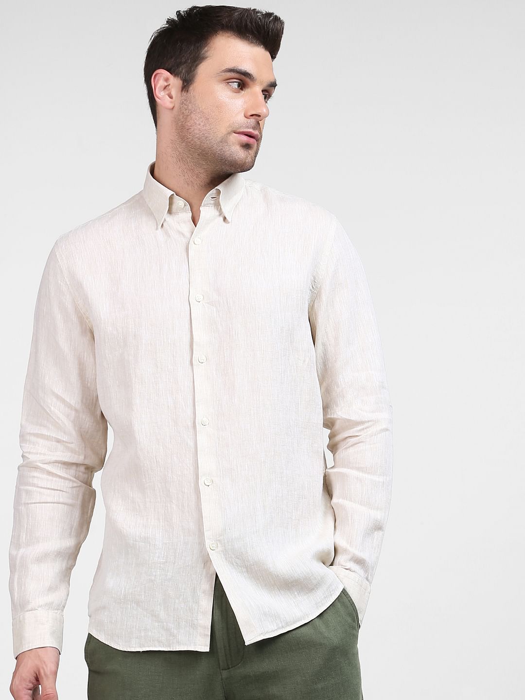Beige Linen Full Sleeves Shirt