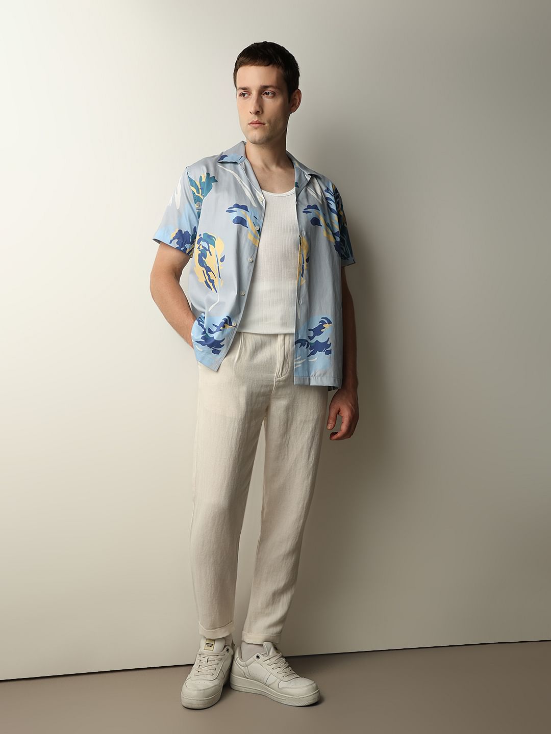 Blue Floral Cuban Collar Short Sleeves Shirt