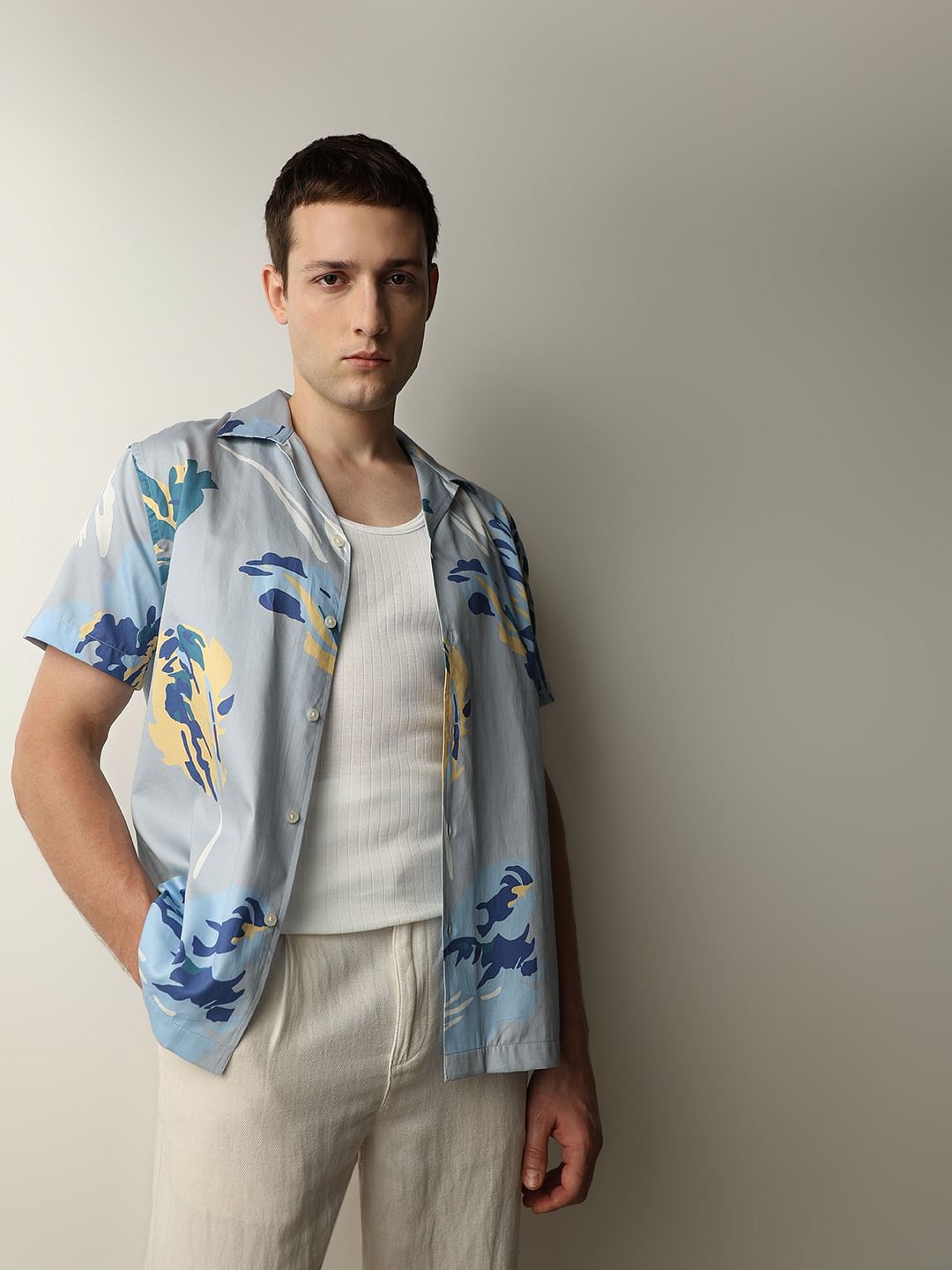 Blue Floral Cuban Collar Short Sleeves Shirt