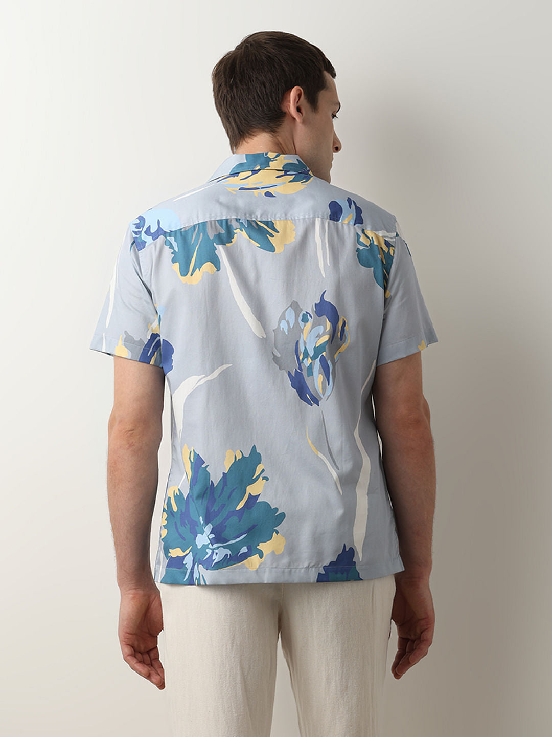 Blue Floral Cuban Collar Short Sleeves Shirt