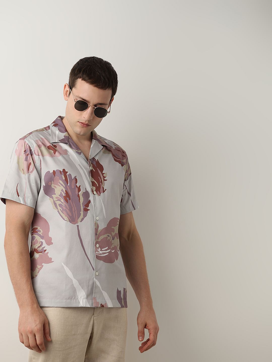 Pink Floral Cuban Collar Short Sleeves Shirt