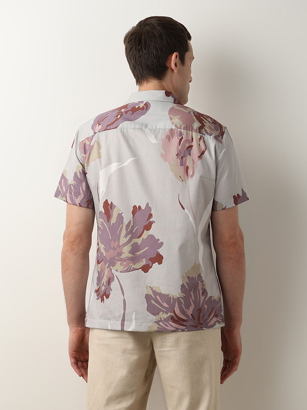 Pink Floral Cuban Collar Short Sleeves Shirt