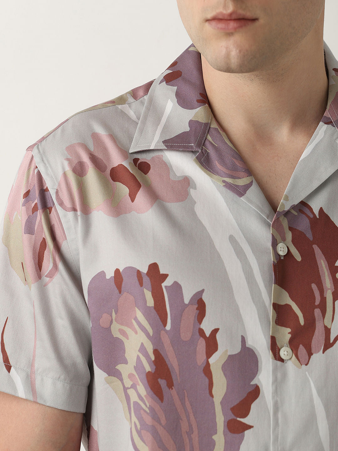 Pink Floral Cuban Collar Short Sleeves Shirt