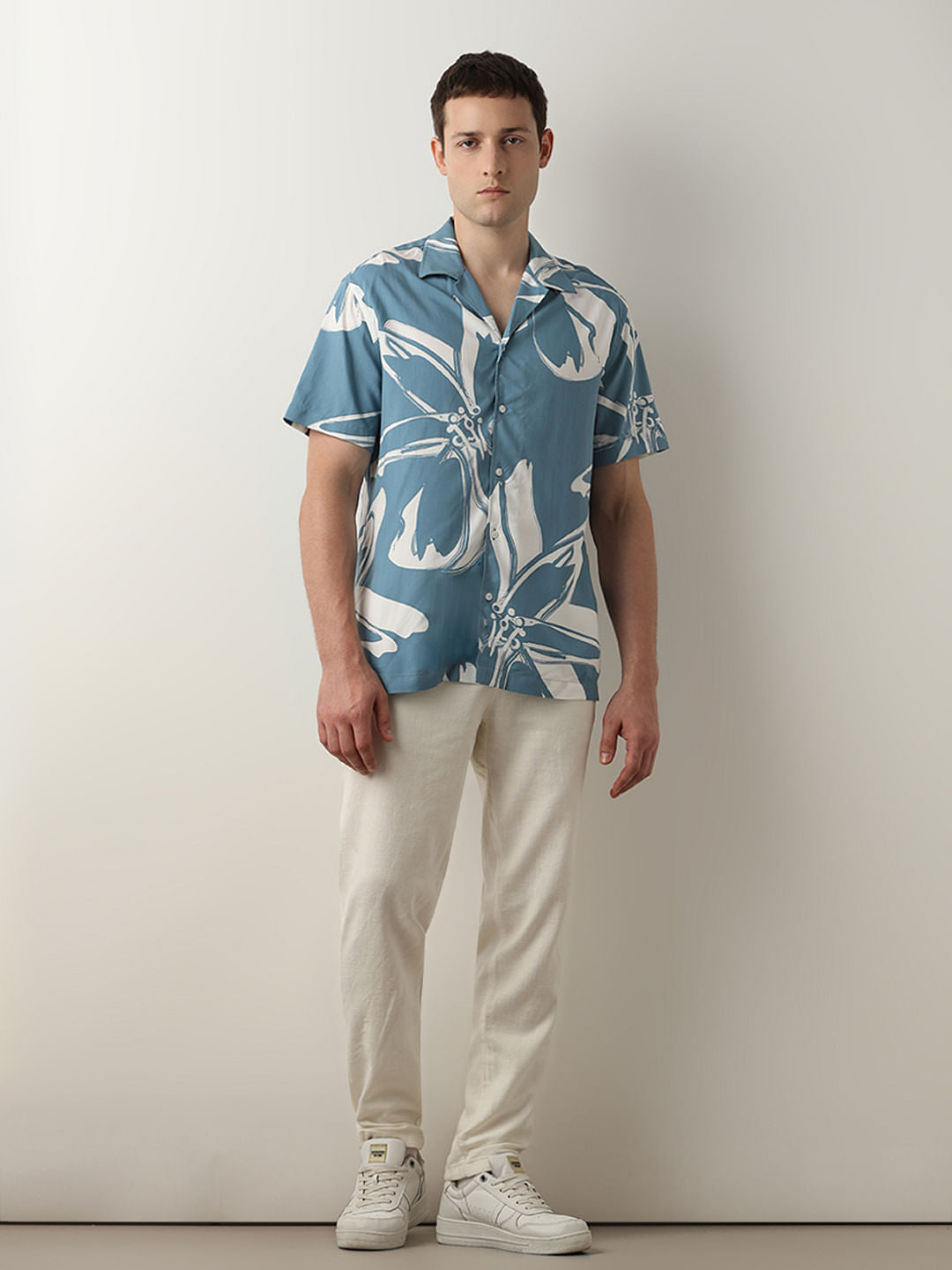 Blue Floral Cuban Collar Short Sleeves Shirt