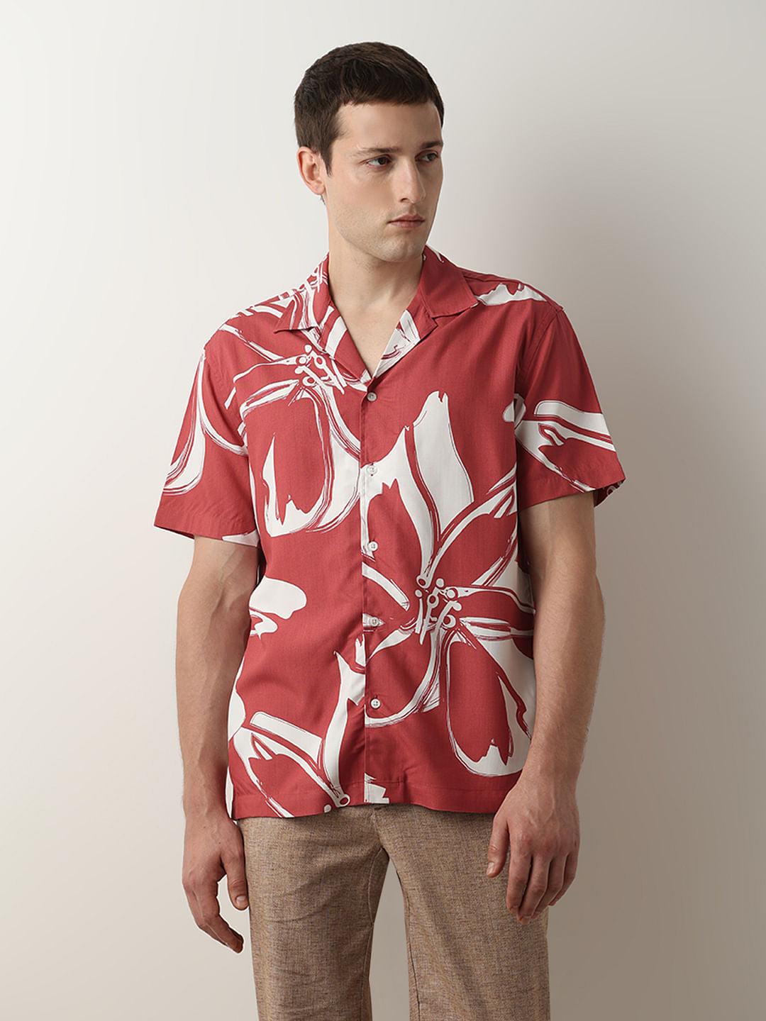 Buy Red Floral Cuban Collar Short Sleeves Shirt for Men Online