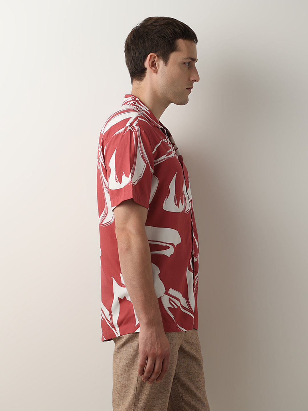 Red Floral Cuban Collar Short Sleeves Shirt