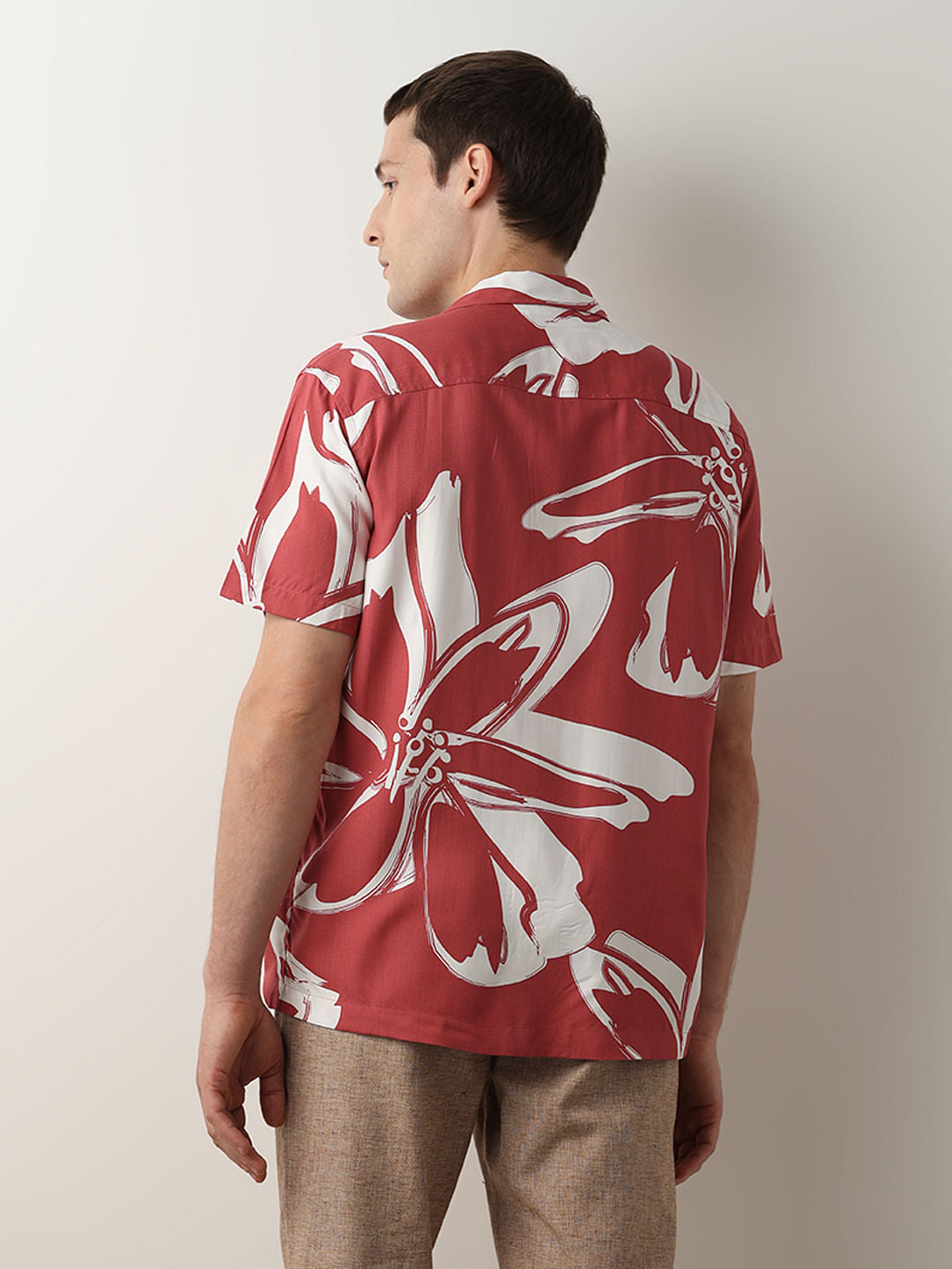 Red Floral Cuban Collar Short Sleeves Shirt