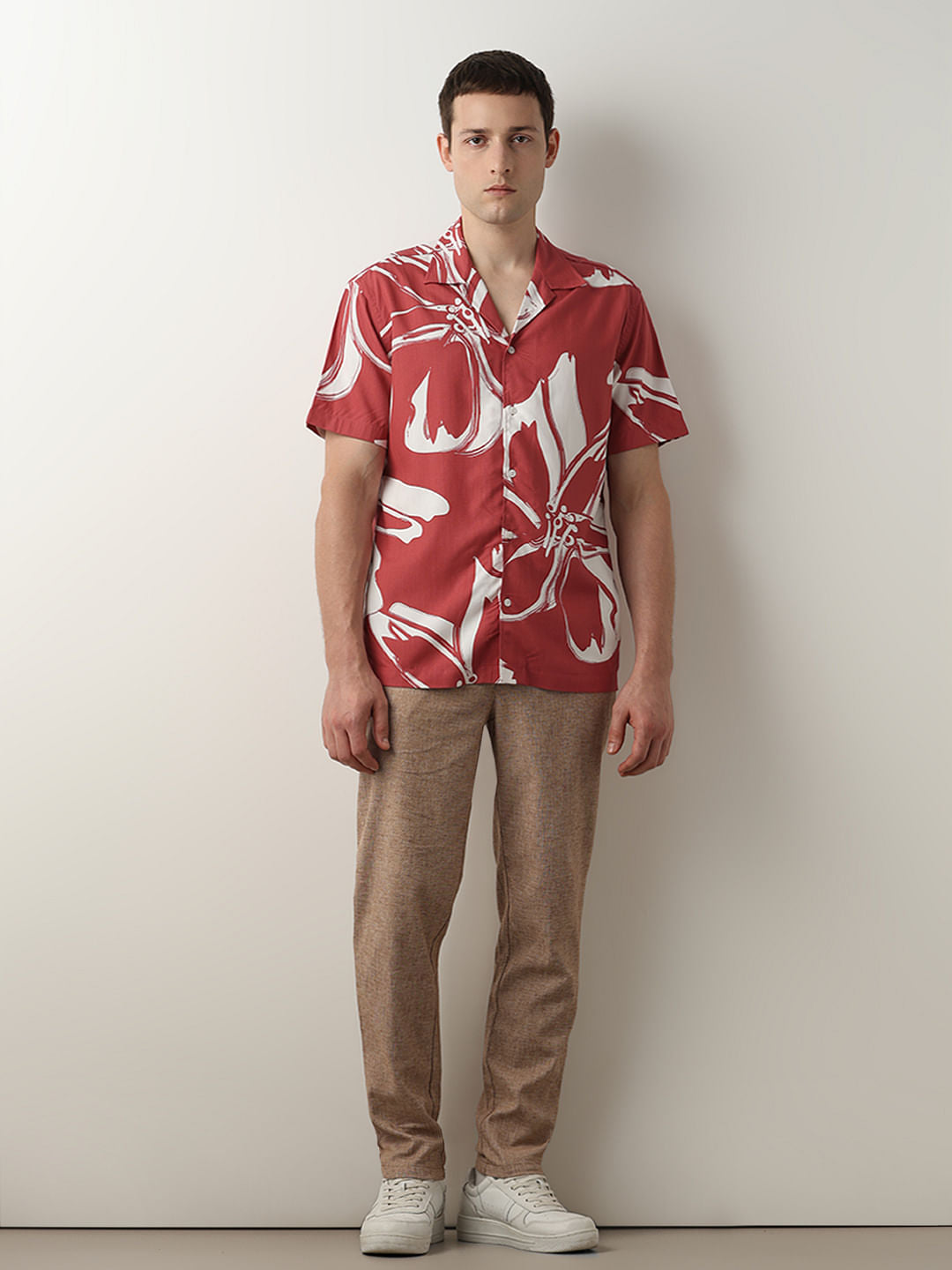 Red Floral Cuban Collar Short Sleeves Shirt